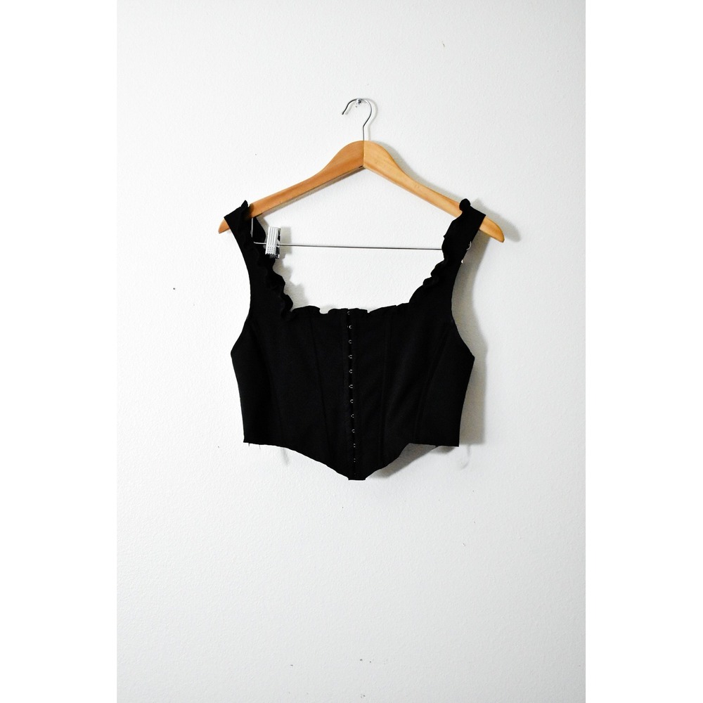 Forever 21 Corset Top Women Medium Black Excellent Ruffle Hook Eye Crop Top